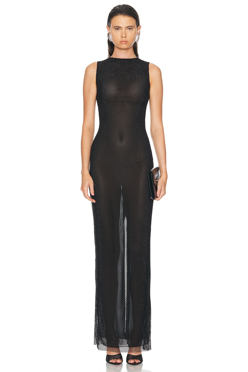 Image 1 of MONOT Crystal Net Sleeveless Maxi Dress in Black