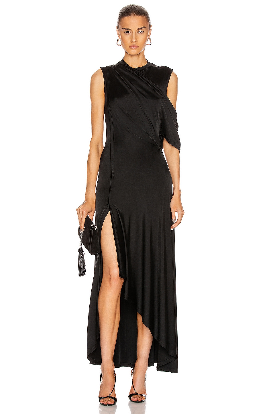 Image 1 of Monse Asymmetrical Drape Shoulder Gown in Black