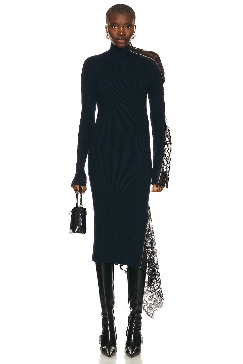 Image 1 of Monse Lace Inset Zip Detail Knit Dress in Midnight