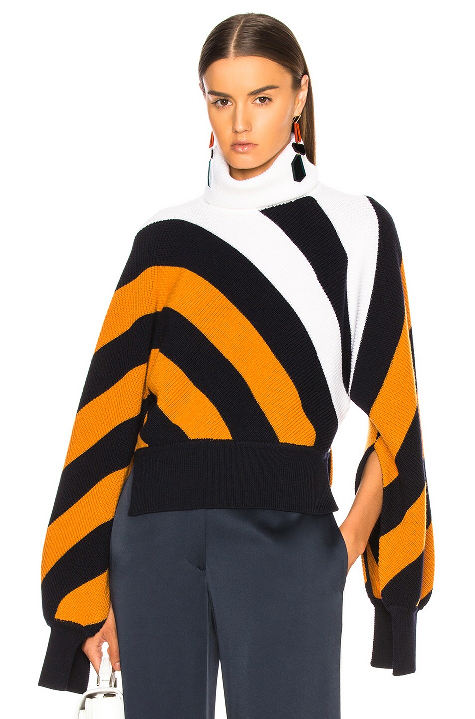 Image 1 of Monse Diagonal Stripe Turtleneck Sweater in Navy, Mustard & White
