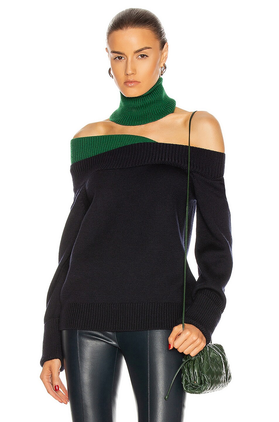 Image 1 of Monse Off the Shoulder Turtleneck Sweater in Emerald & Midnight