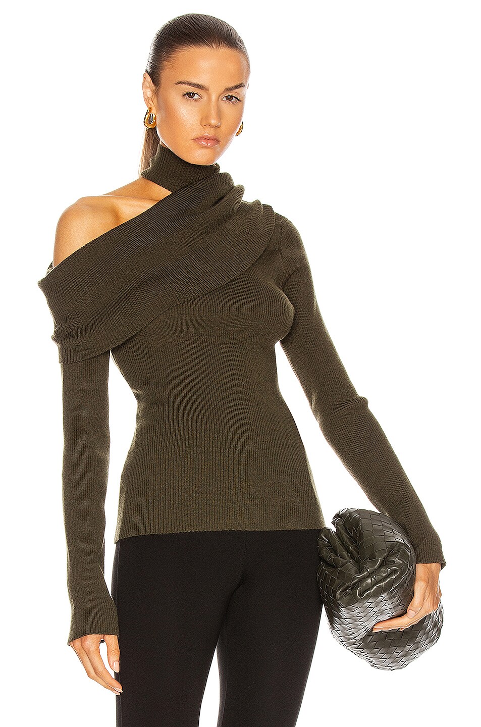 Image 1 of Monse Fold Over Draped Knit Sweater in Olive