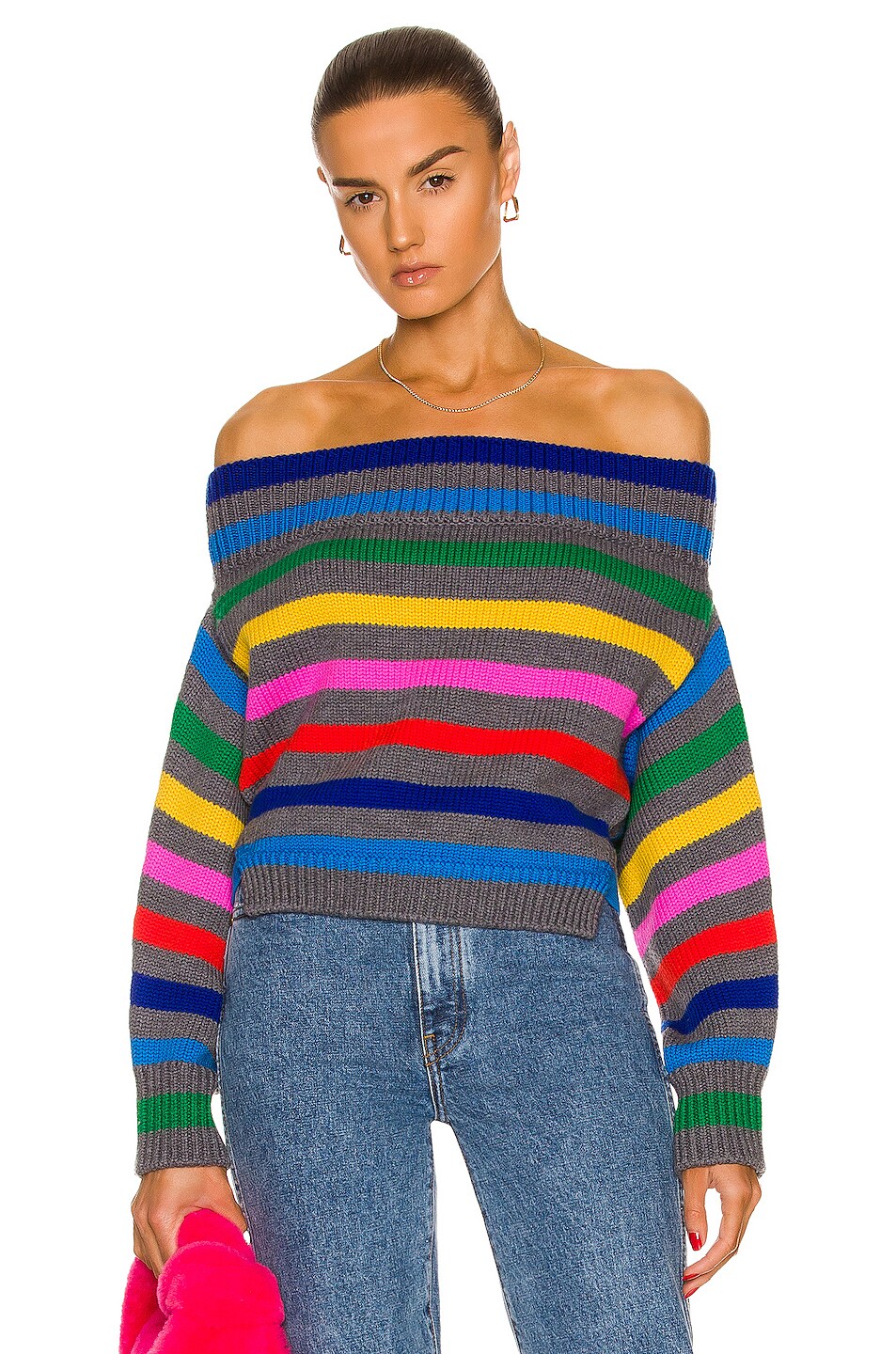 Image 1 of Monse Cropped Stripe Off the Shoulder Sweater in Rainbow