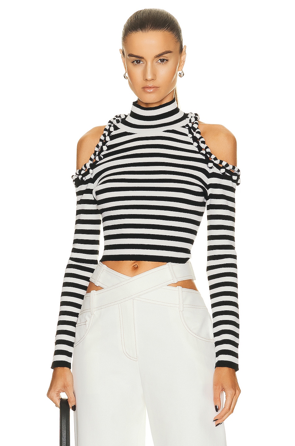 Image 1 of Monse Striped Cropped Cold Shoulder Sweater in Black & Ivory