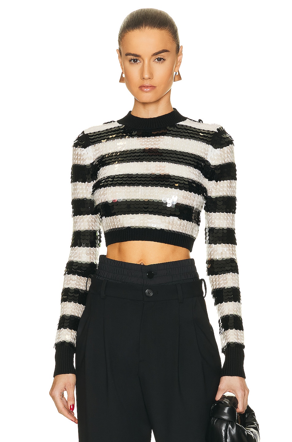 Image 1 of Monse Sequin Striped Cropped Sweater in Black & Ivory