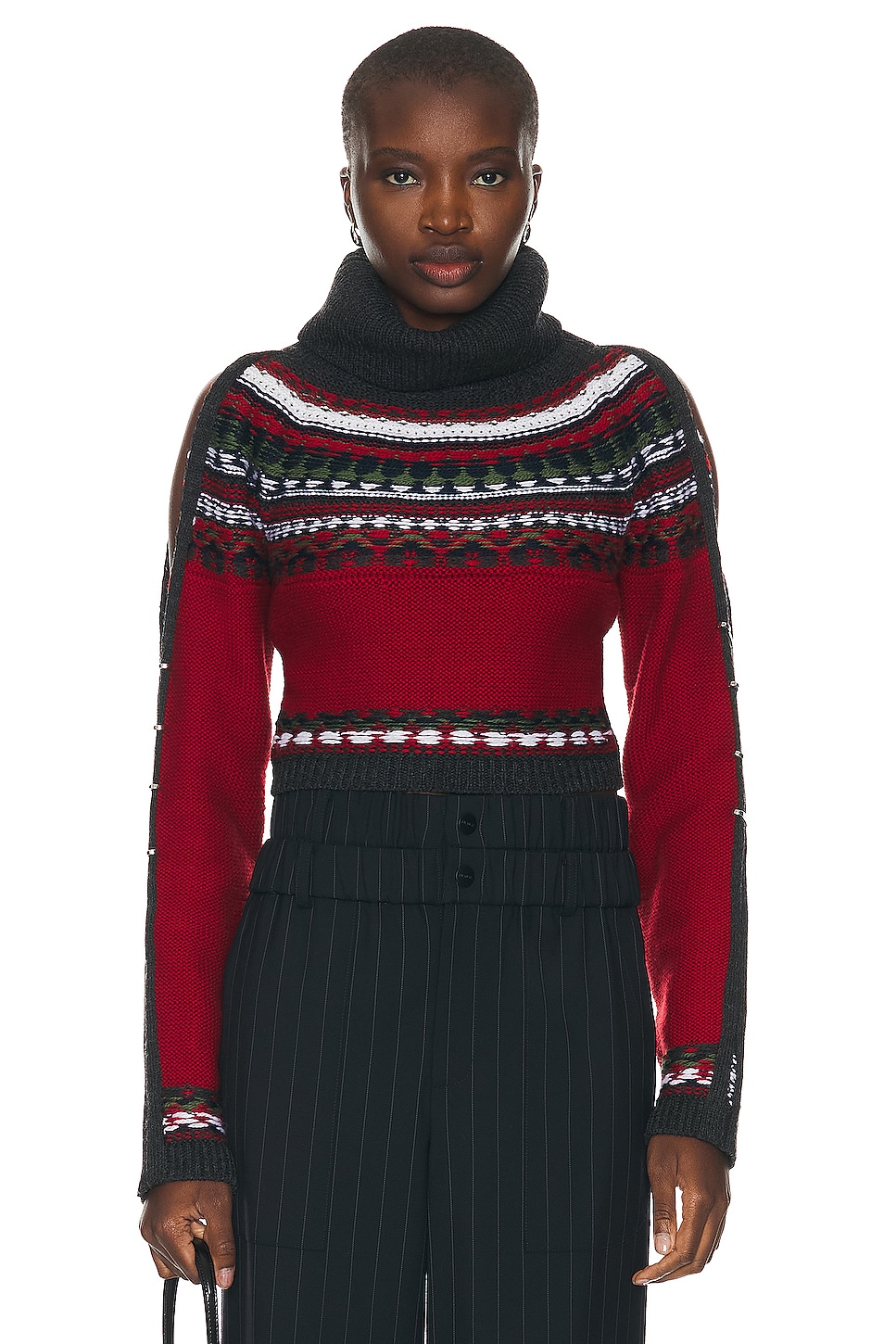 Image 1 of Monse Cropped Fairisle Slit Sleeve Turtleneck Sweater in Red & Charcoal