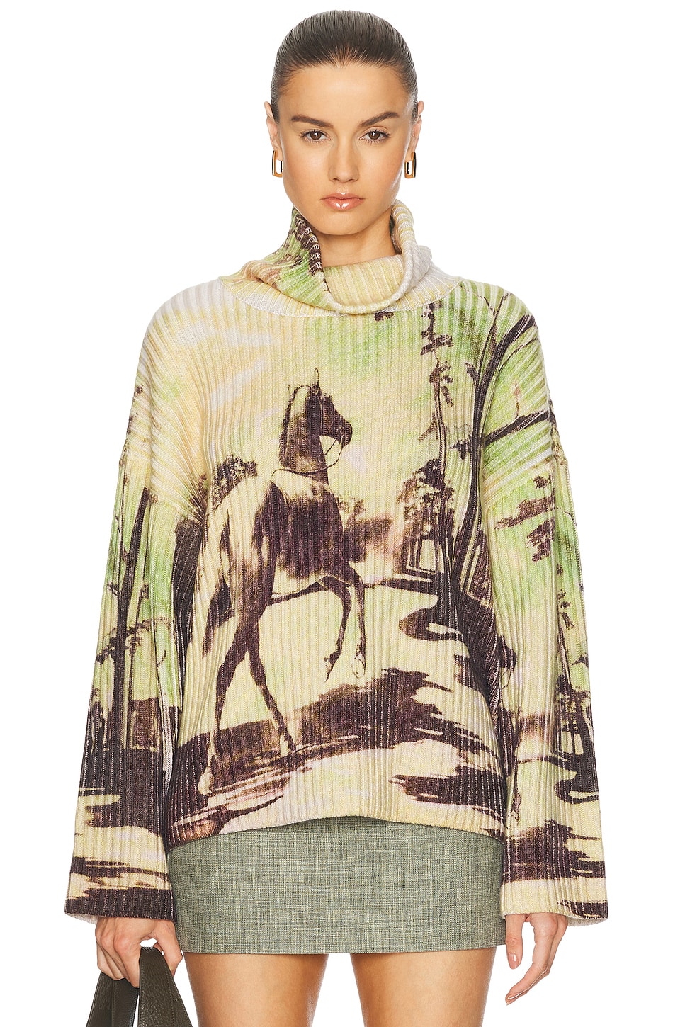 Horse Print Chunky Rib Knit Sweater in Green