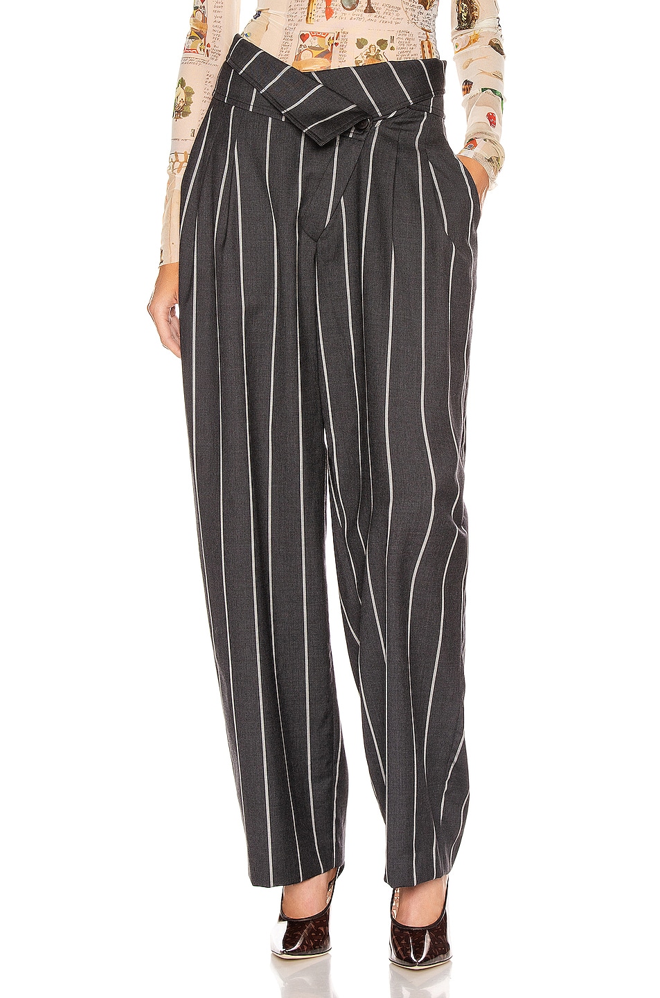 Image 1 of Monse Pinstripe Foldover Pant in Charcoal & Ivory