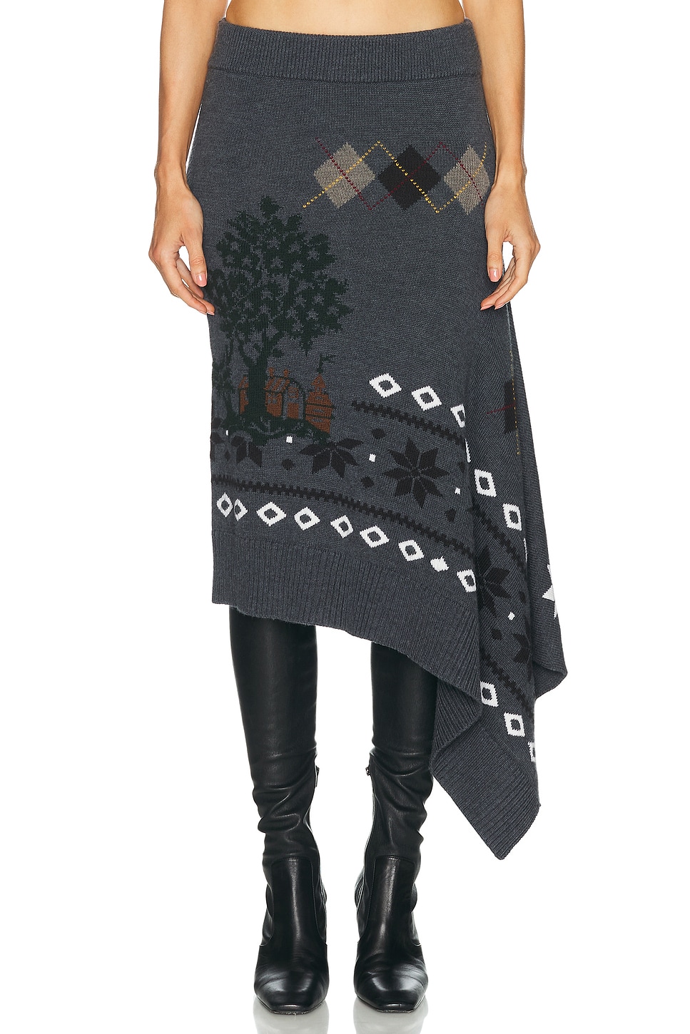 Monse Mixed Fair Isle Midi Skirt in Charcoal