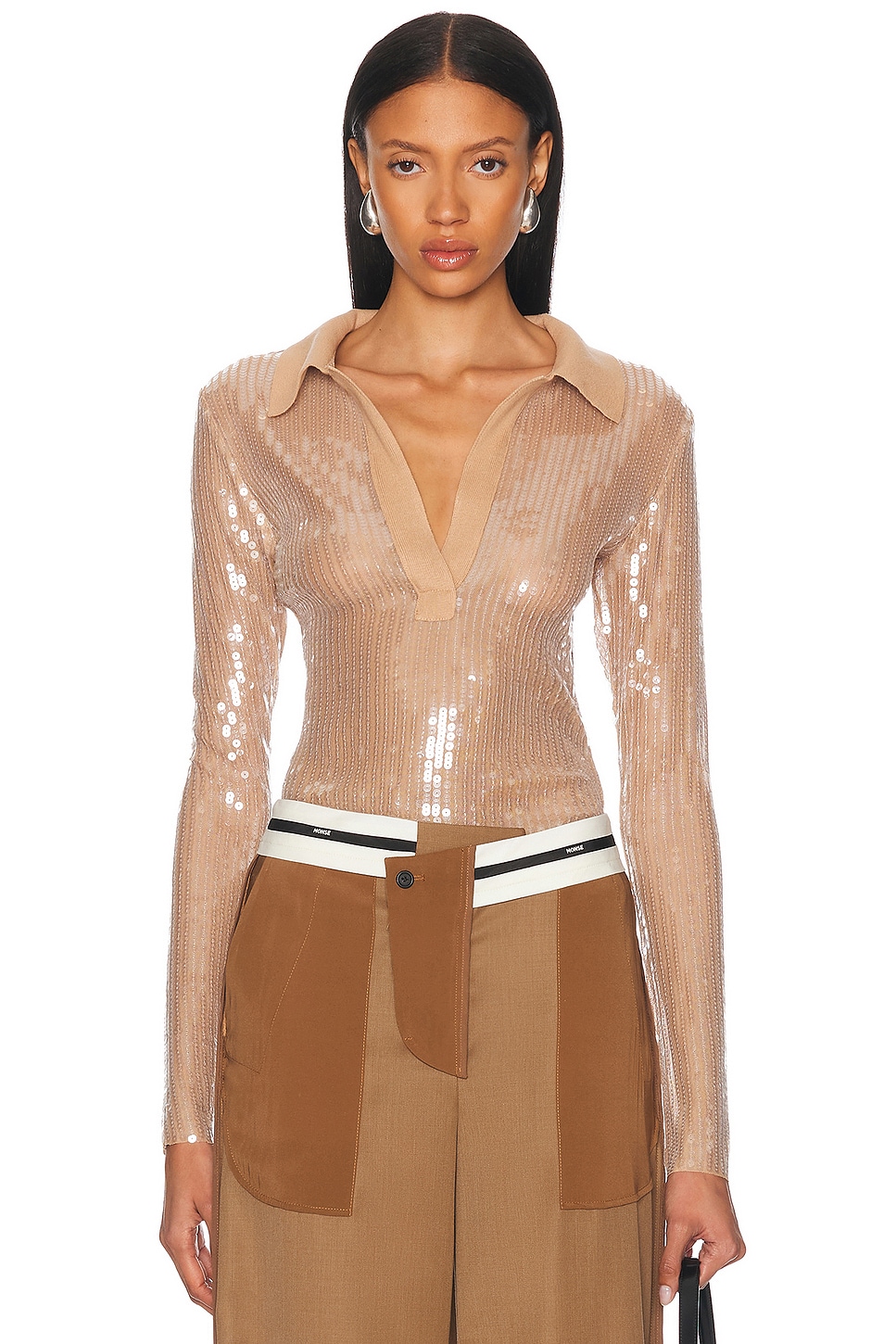 Sequin Polo Top in Tan