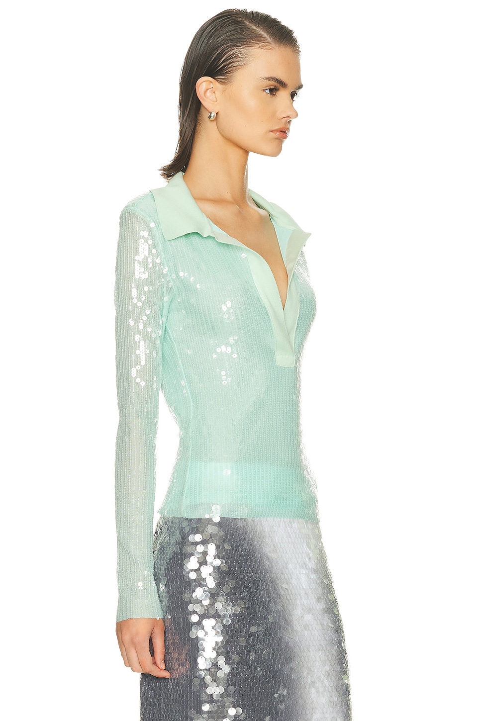 Monse Knit Collar Sequin Polo Top In Green