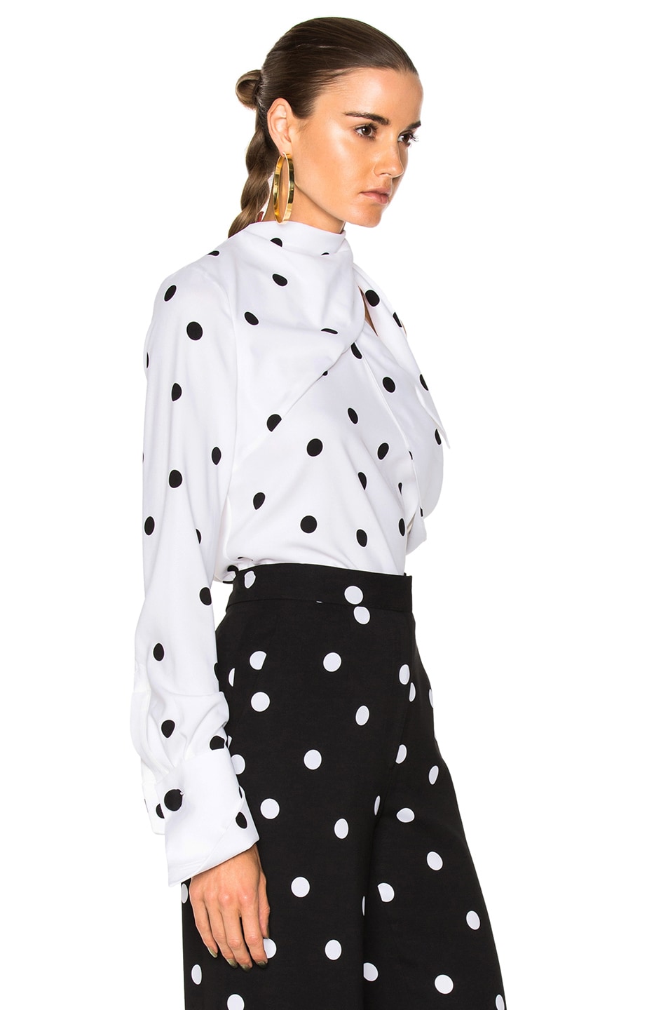 white and black polka dot blouse