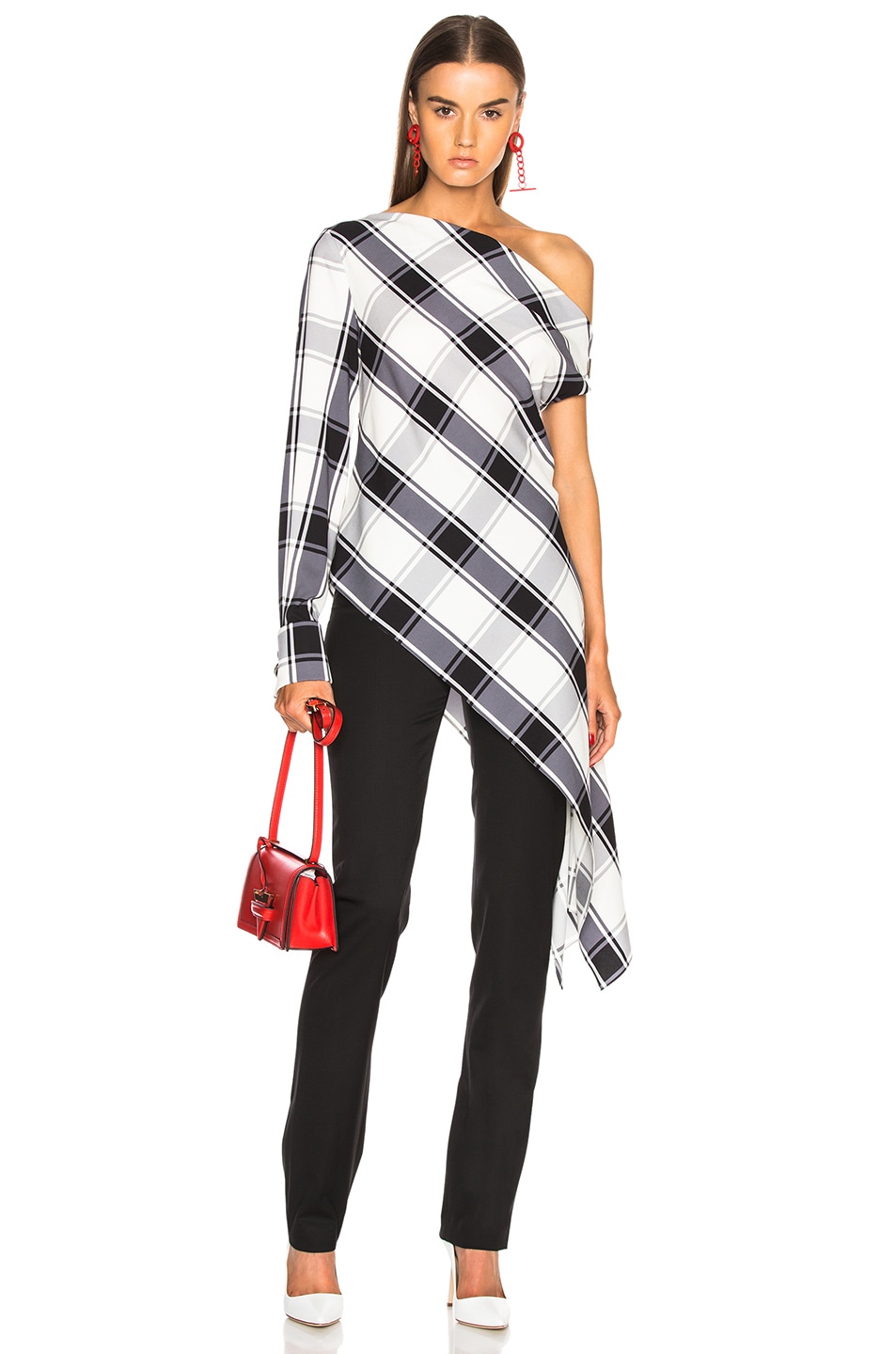 Image 1 of Monse Plaid One Sleeve Georgette Blouse in Black & White