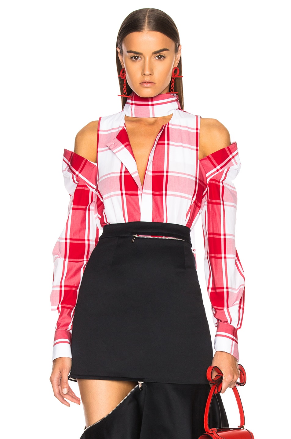 Image 1 of Monse Cold Shoulder Plaid Shirt in Red & White