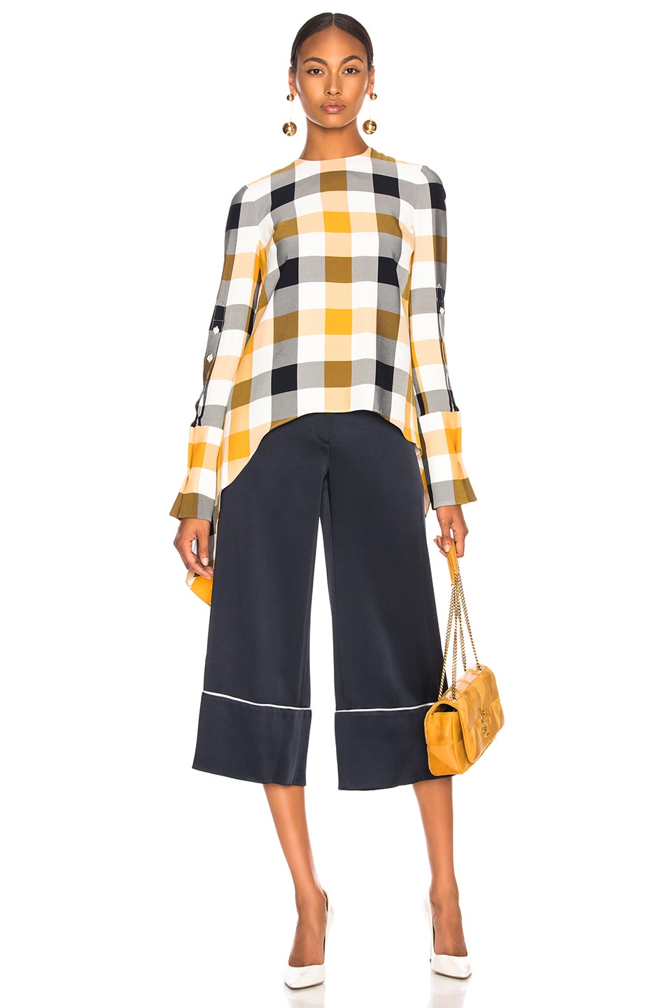 Image 1 of Monse Gingham Button Sleeve Top in Navy & Yellow