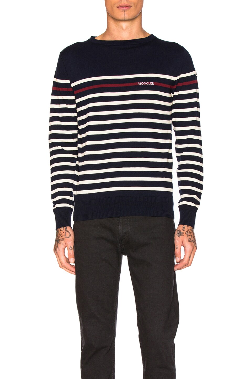 Image 1 of Moncler Stripe Sweater in Navy