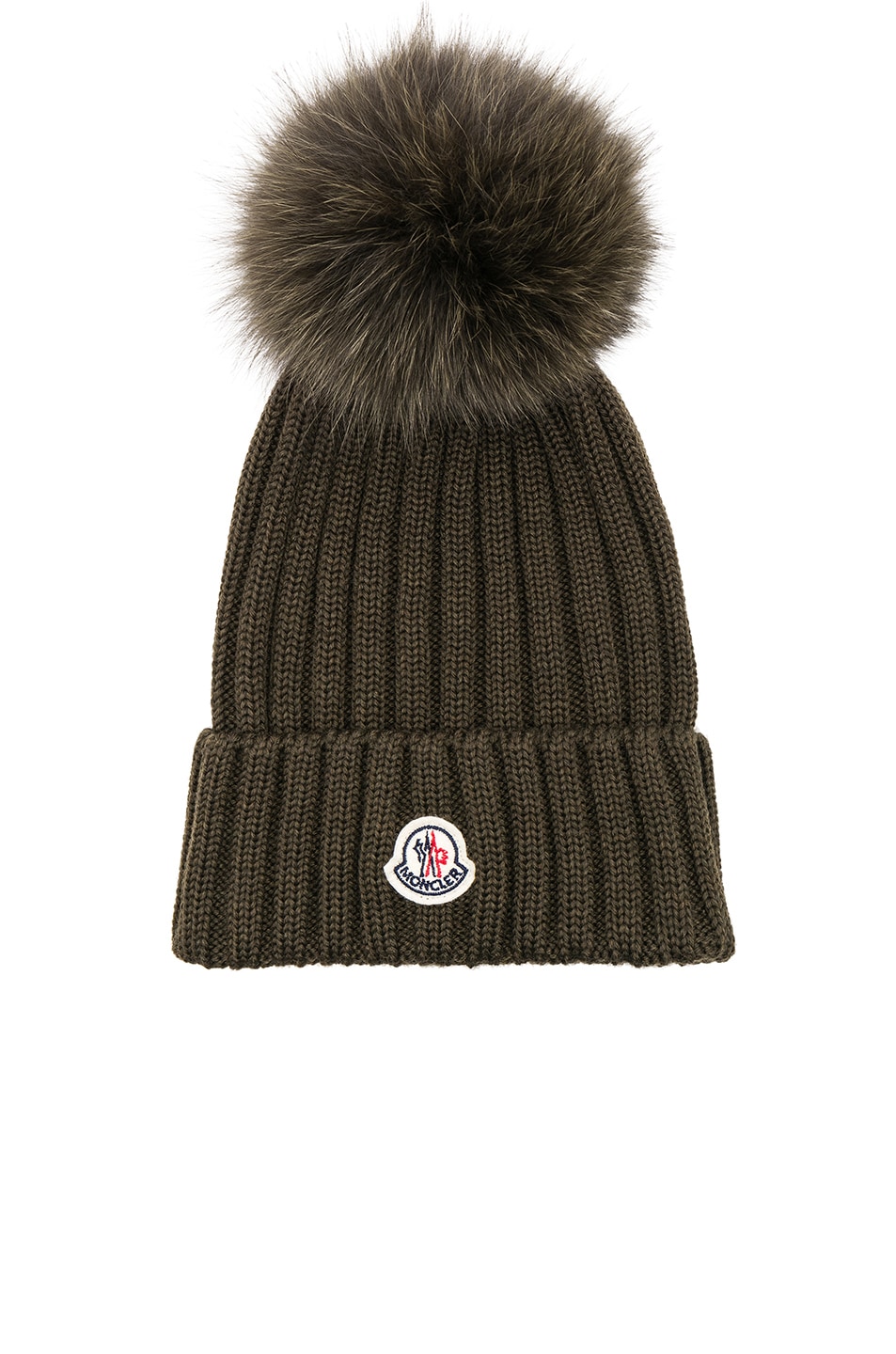 Image 1 of Moncler Fur Pom Ribbed Beanie in Military Green
