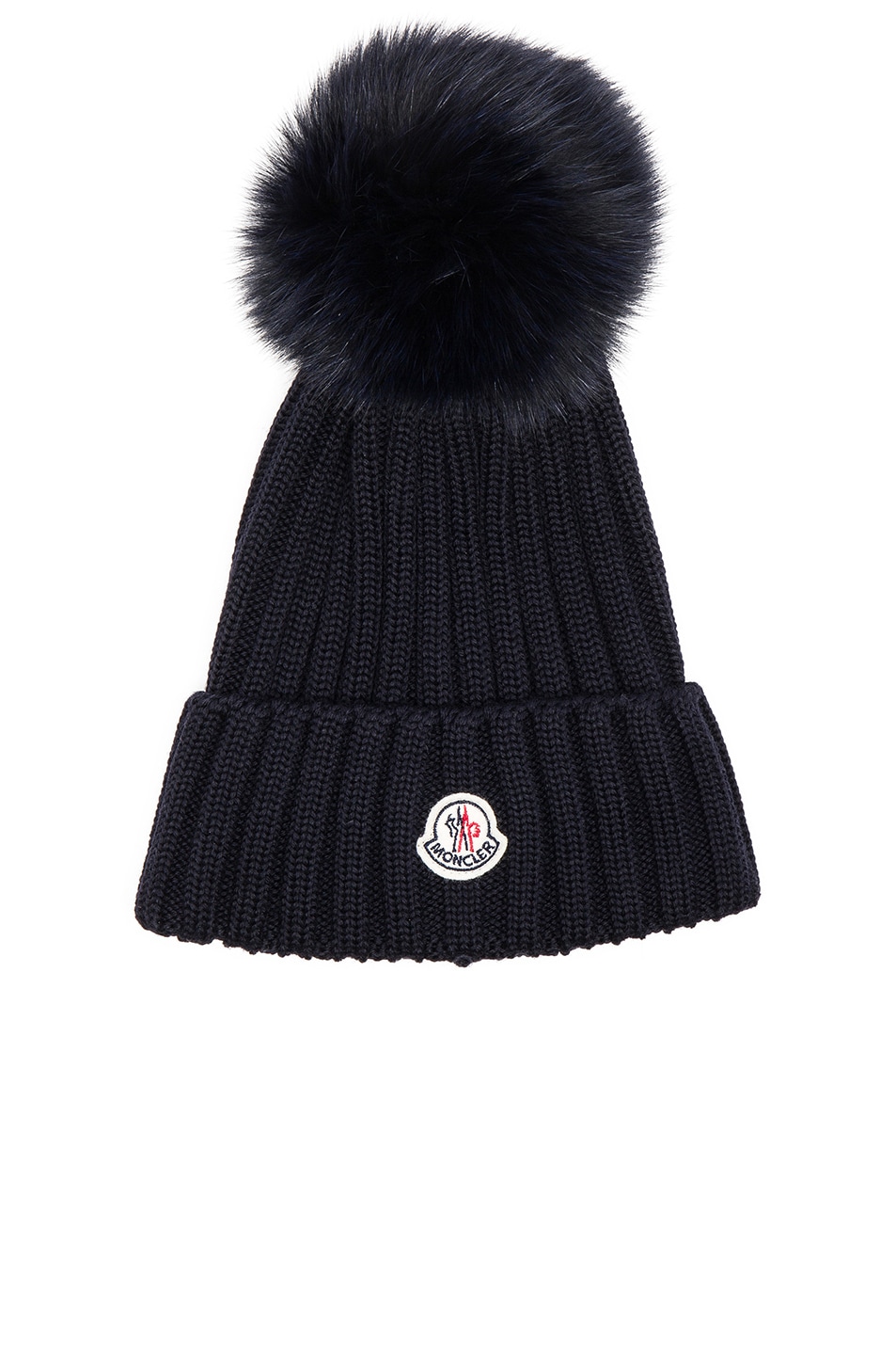 Image 1 of Moncler Fur Pom Ribbed Beanie in Navy Blue