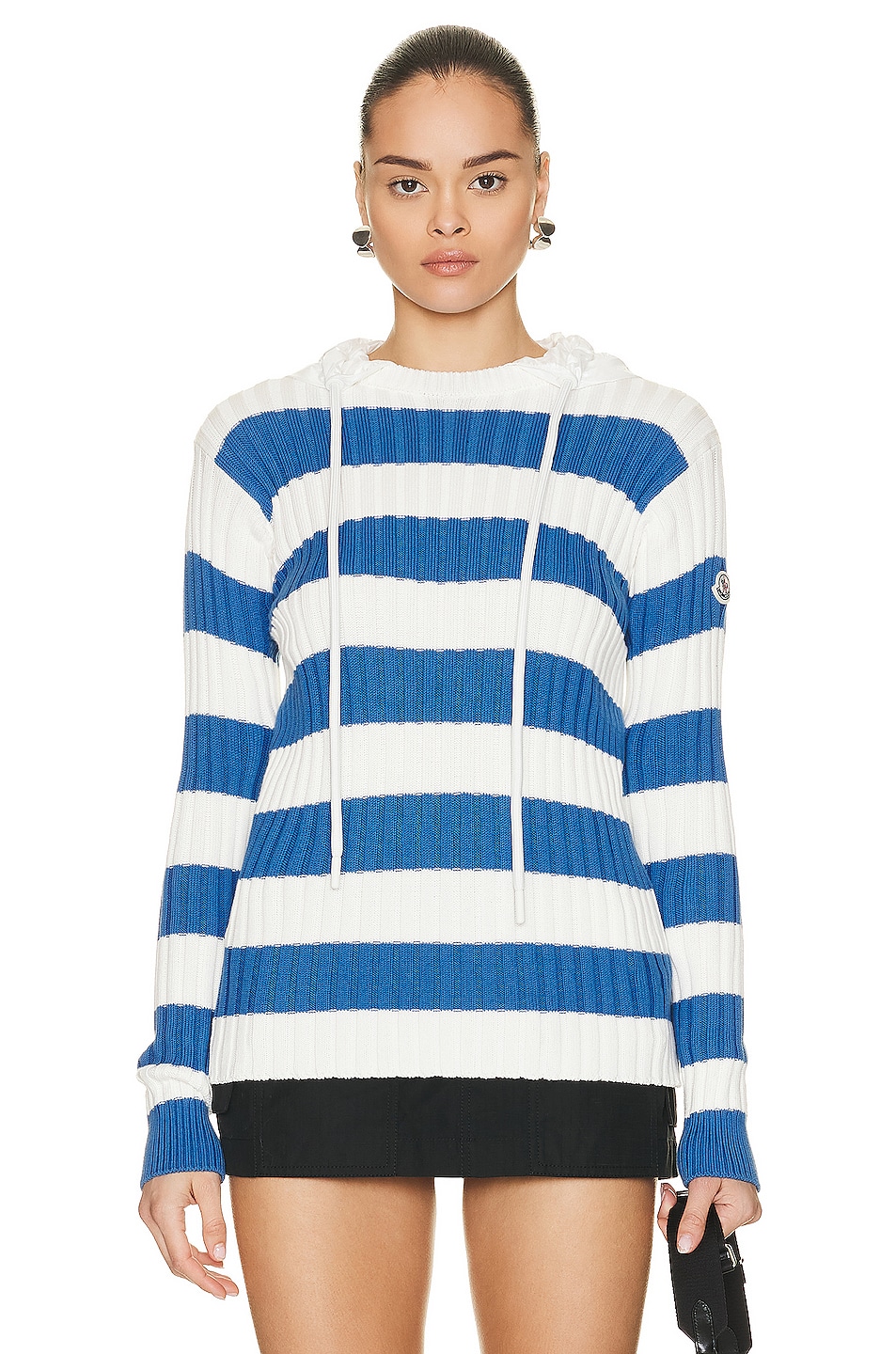 Image 1 of Moncler Striped Hooded Sweater in White & Blue