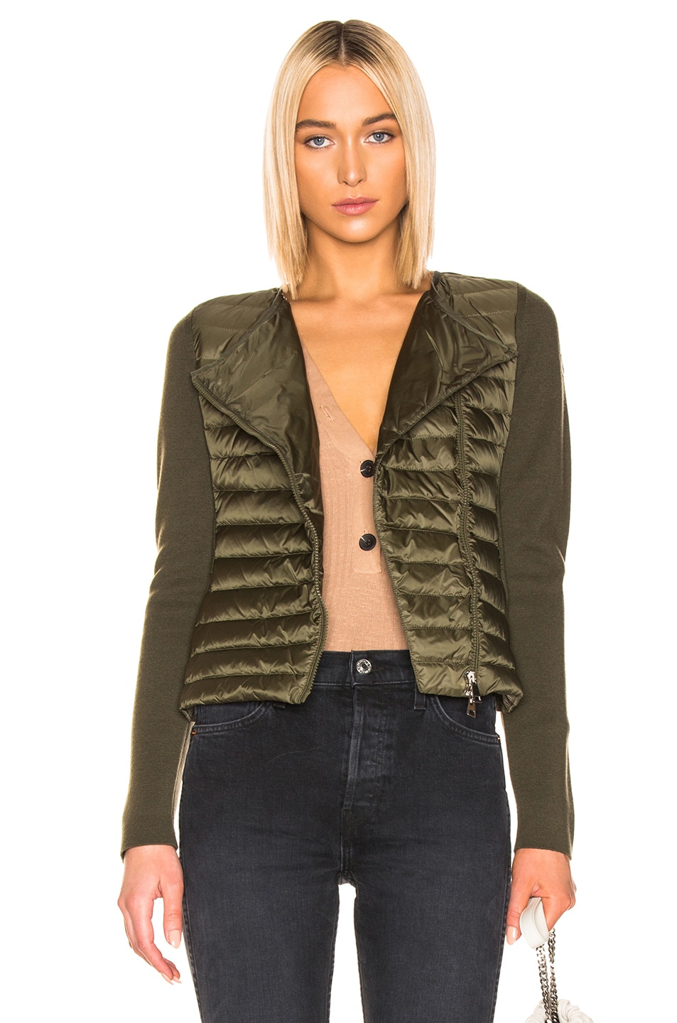 Image 1 of Moncler Asymmetric Zip Cardigan in Military Green