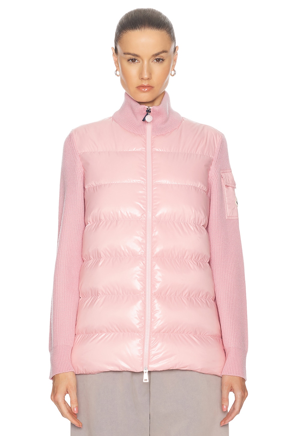 Shop Moncler Zip Up Cardigan In Pink