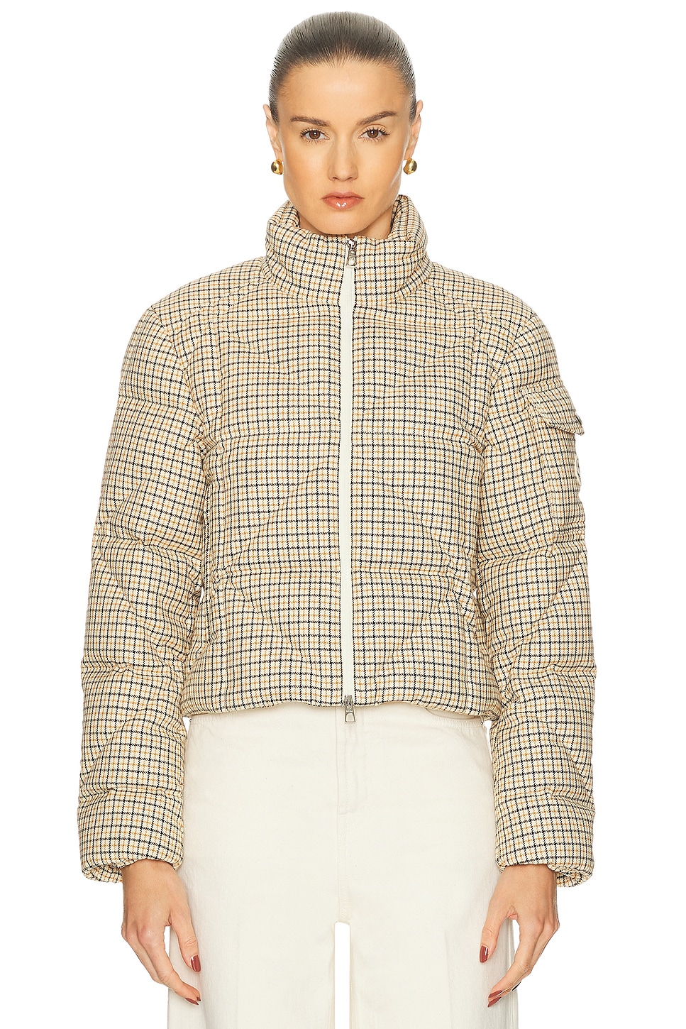 Moncler Keros Wool Blend Check Short Down Jacket In Nude
