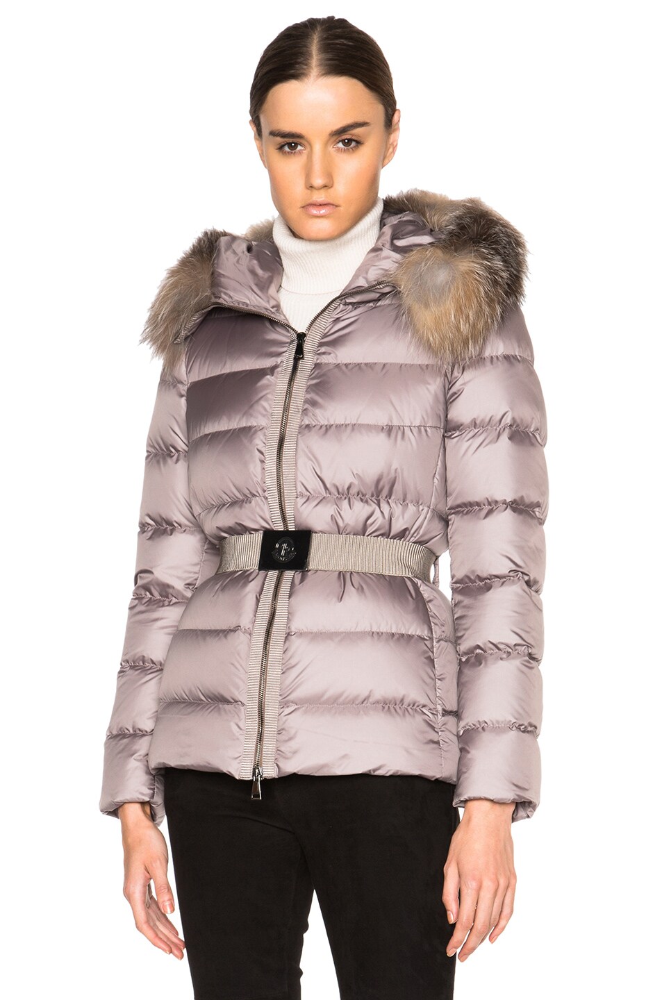 Image 1 of Moncler Fabrette Short Jacket with Fox Fur Hood in Taupe