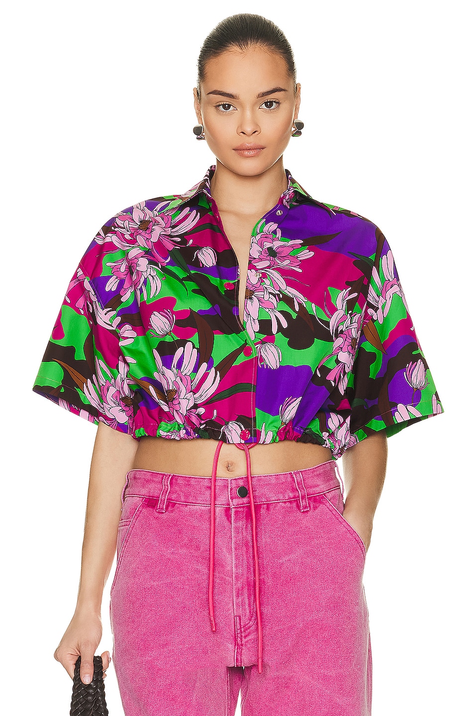 Image 1 of Moncler Floral Cropped Short Sleeve Shirt in Pink