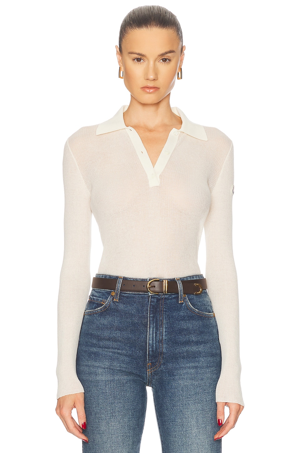Long Sleeve Sheer Polo Top in White