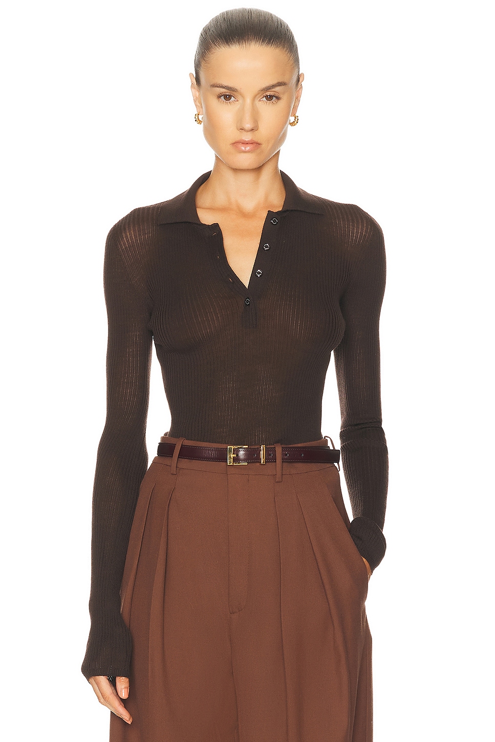 Image 1 of Moncler Long Sleeve Polo Top in Deep Brown