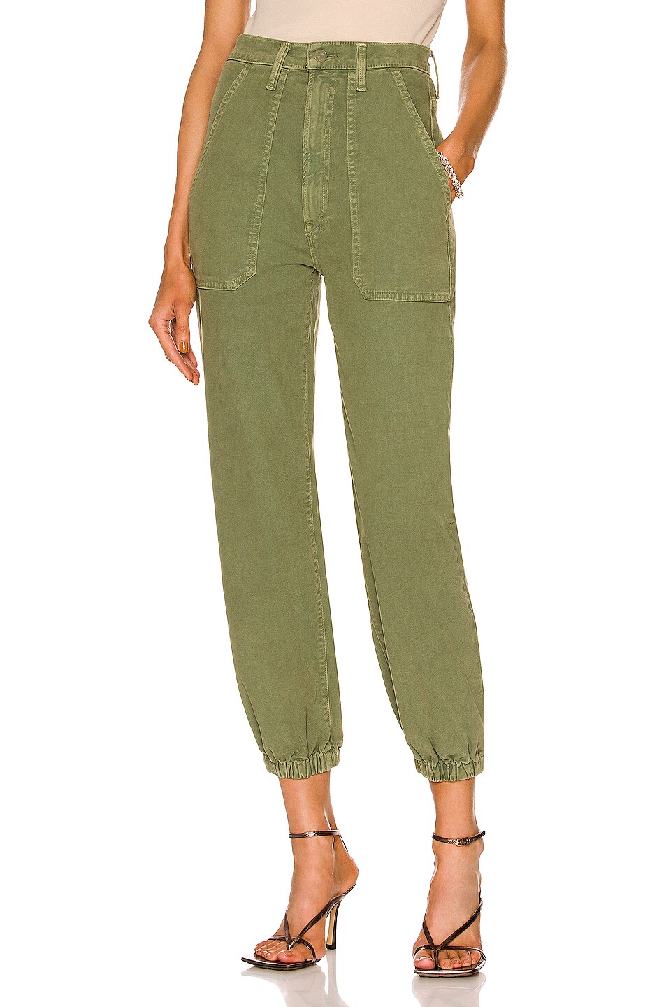 Image 1 of MOTHER The Wrapper Patch Springy Ankle Pant in Chalk Avocado