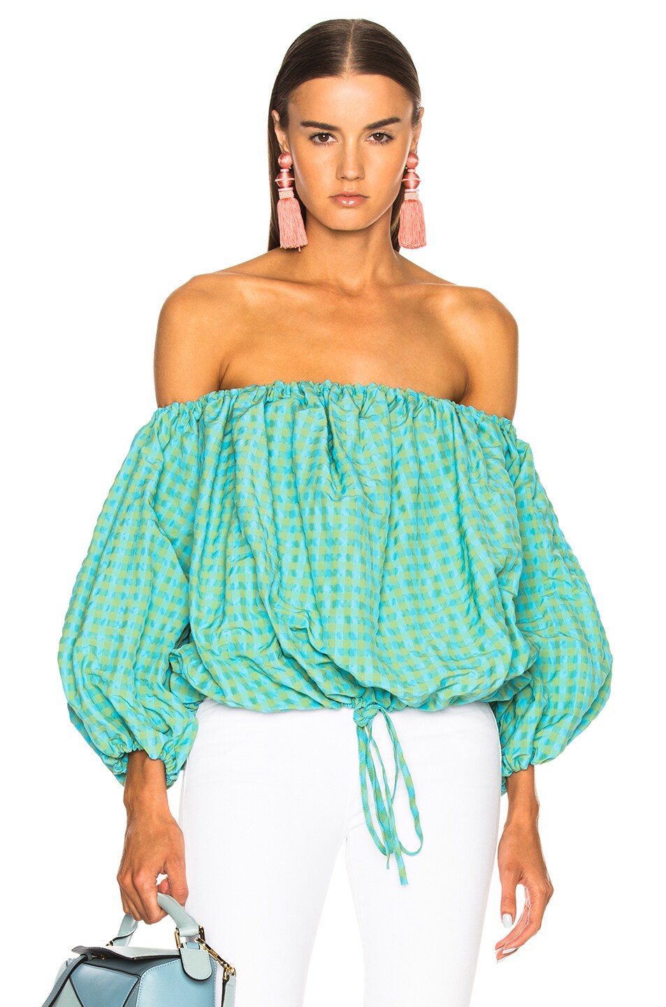 Image 1 of Marques ' Almeida Off Shoulder Top in Turquoise Gingham