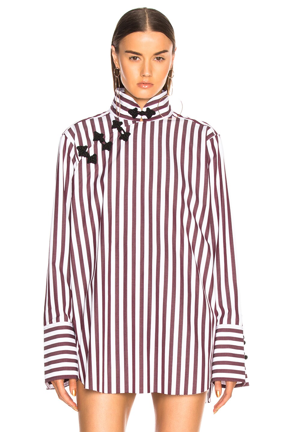Image 1 of Marques ' Almeida Mandarin Wrap Shirt in Burgundy & White Stripe