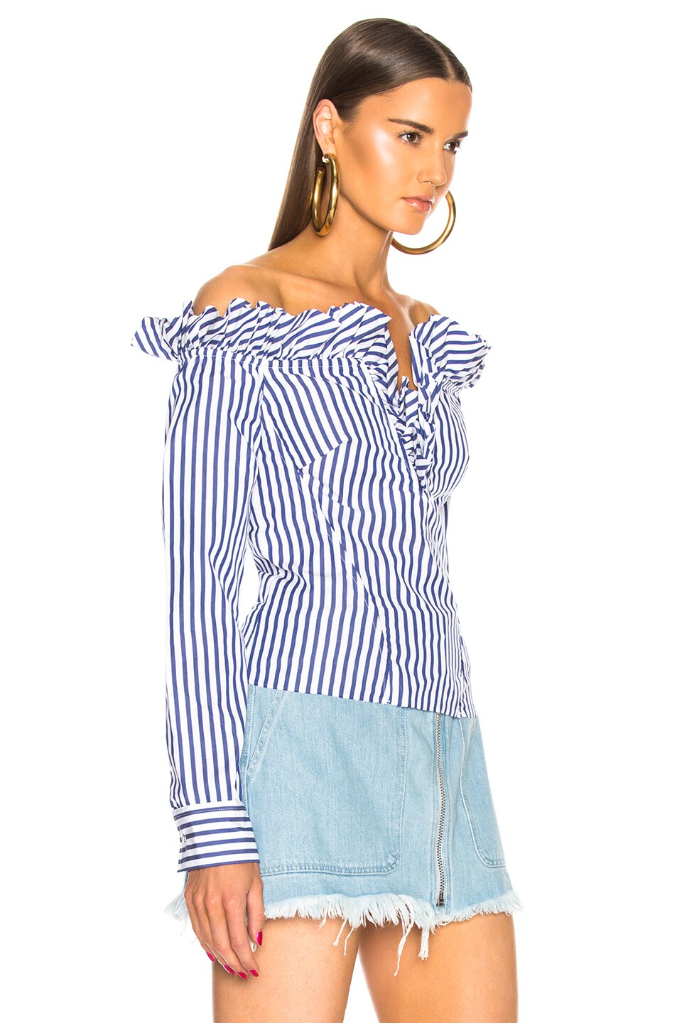 Marques ' Almeida V Neck Ruffle Top in Blue & White Stripe | FWRD