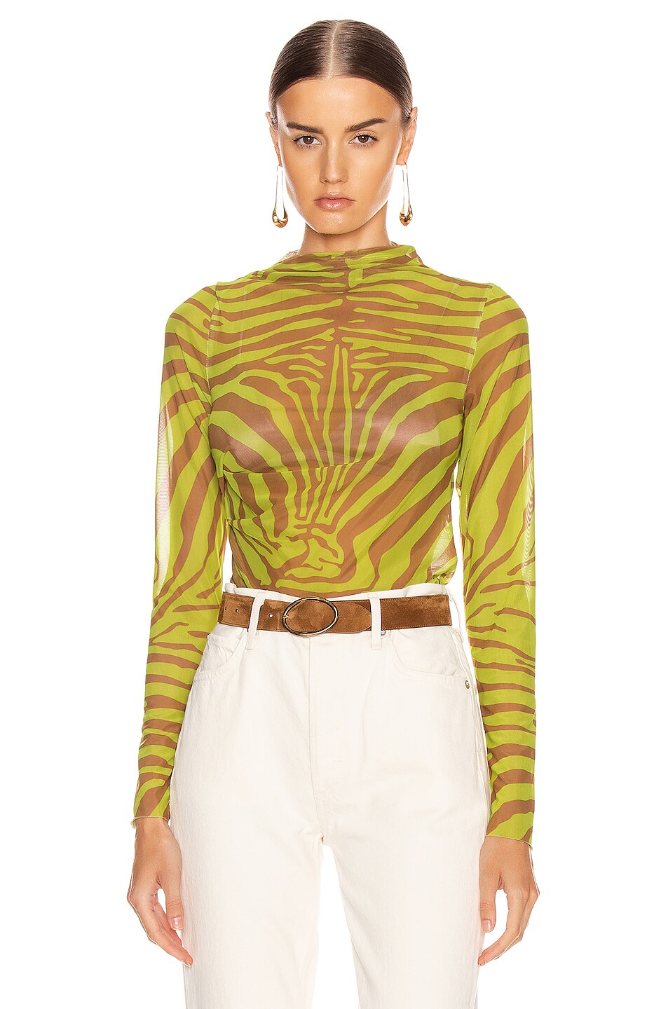 Image 1 of Marques ' Almeida Printed Drape Neck Mesh Top in Zebra Lime & Brown