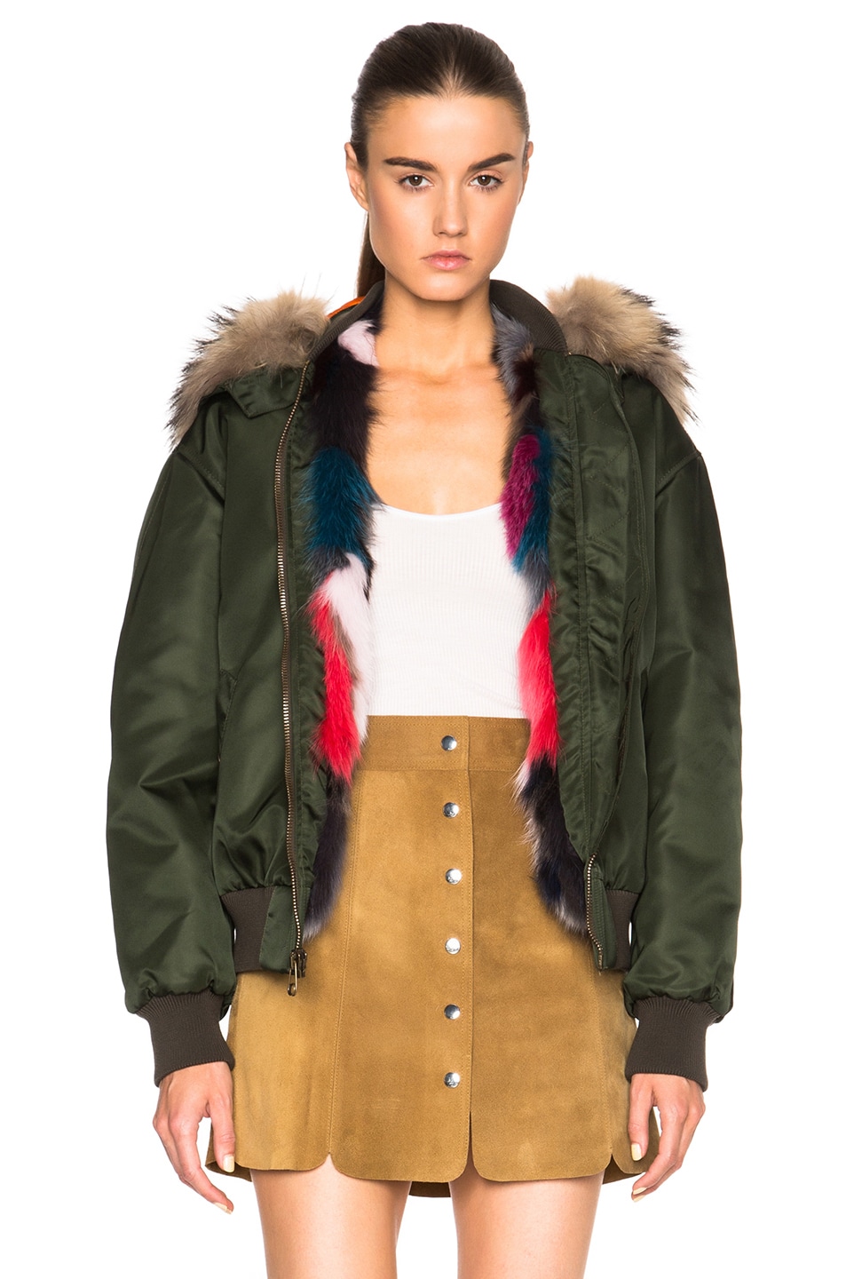 Image 1 of Mr & Mrs Italy Bomber Jacket with Fox & Raccoon Fur in London Green & Multi Fox