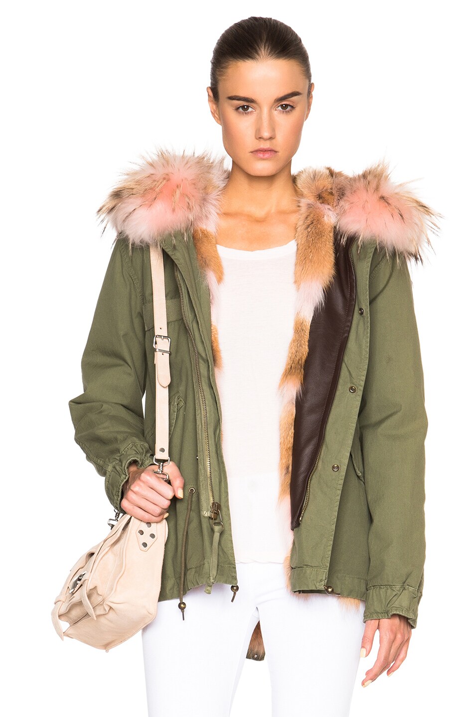 Image 1 of Mr & Mrs Italy Mini Army Parka Jacket With Coyote & Raccoon Fur in Panter Pink