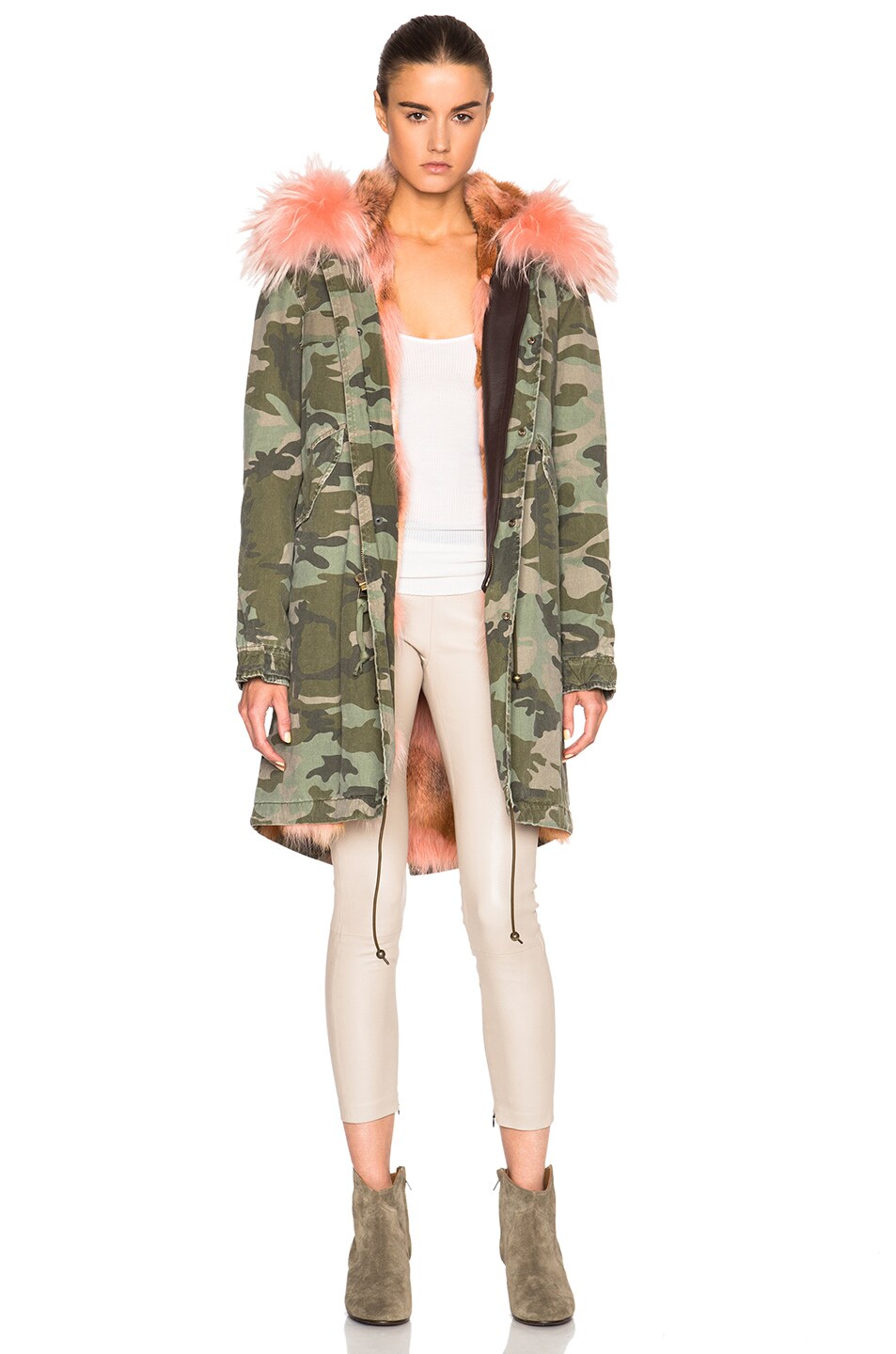 Image 1 of Mr & Mrs Italy Midi Army Parka Jacket with Coyote Fur in Camo & Kahawai Pink