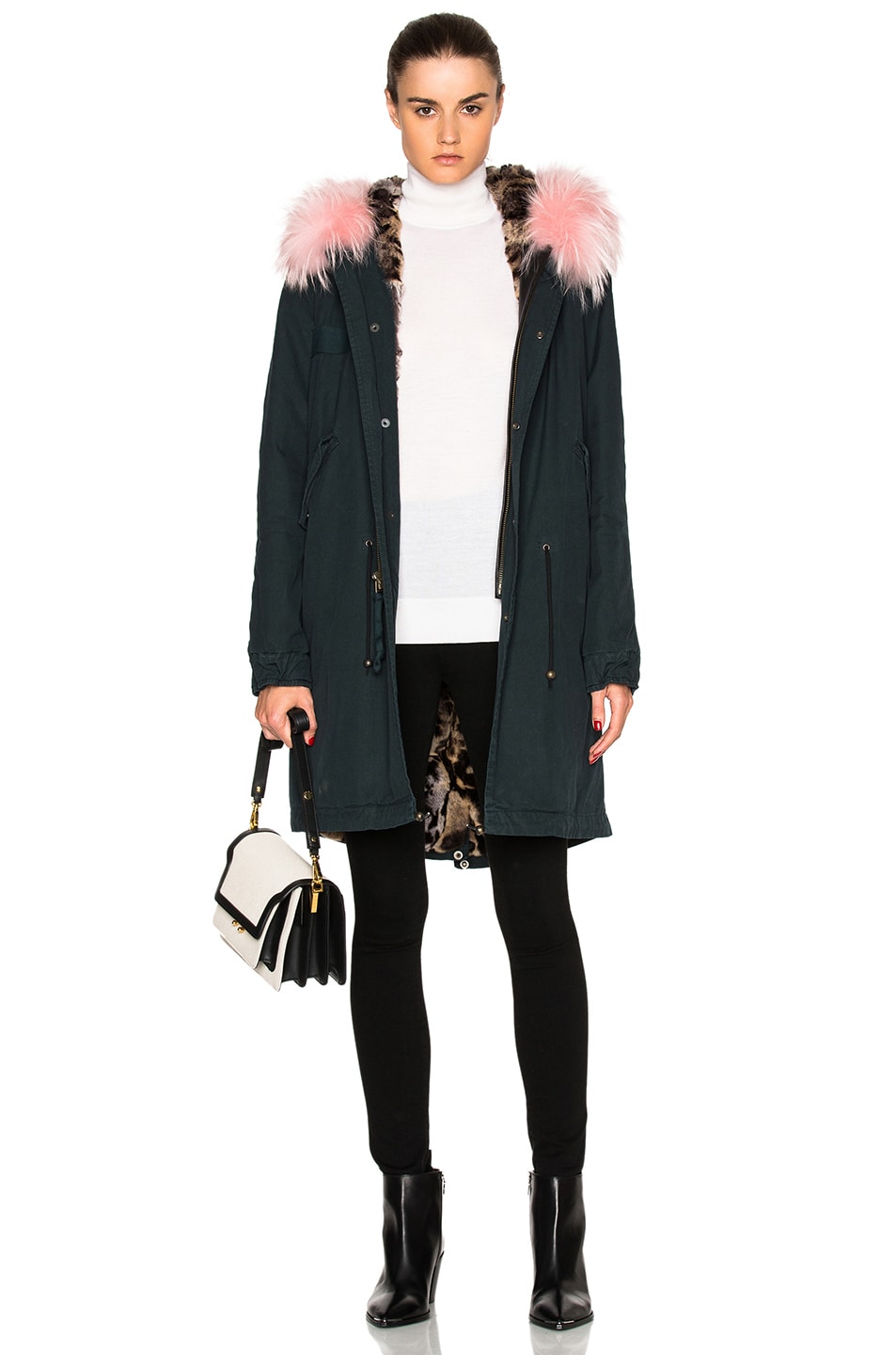 Image 1 of Mr & Mrs Italy Long Army Parka Jacket With Rabbit & Raccoon Fur in Leopard & Pink