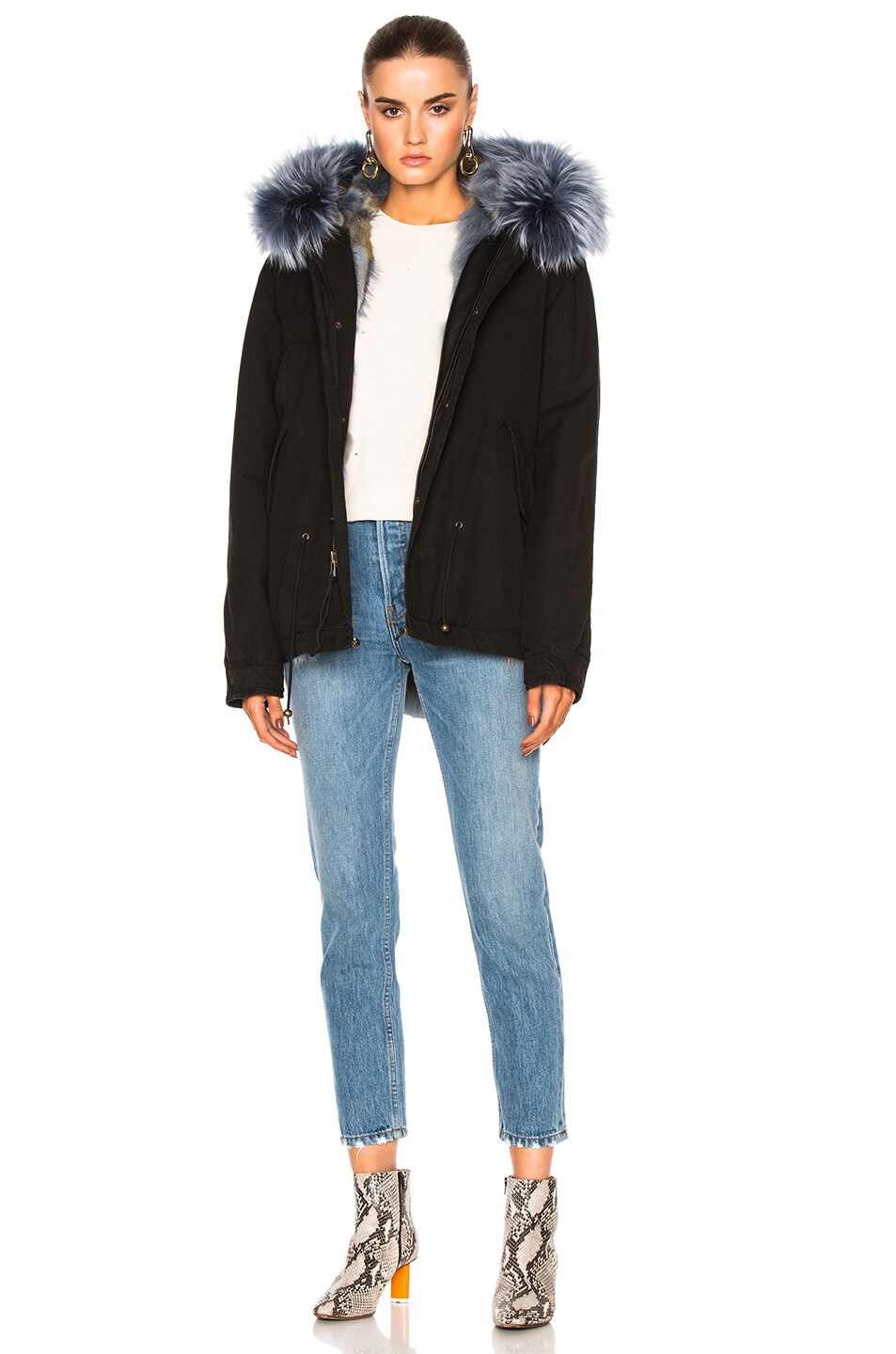 Image 1 of Mr & Mrs Italy Mini Parka Jacket With Coyote & Raccoon Fur in Black & Fog Blue