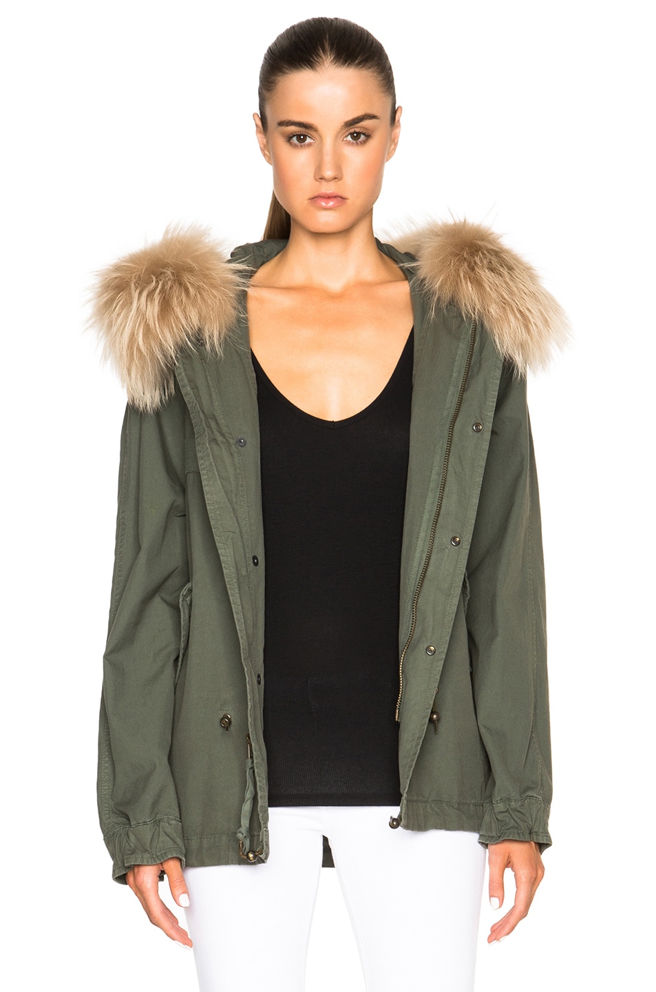 Image 1 of Mr & Mrs Italy Short Canvas Parka Jacket With Raccoon Fur in Slate Green & Cream