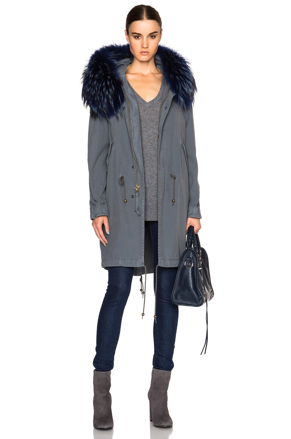 Image 1 of Mr & Mrs Italy Canvas Parka Jacket with Raccoon Fur in Grey & Lapis Blue