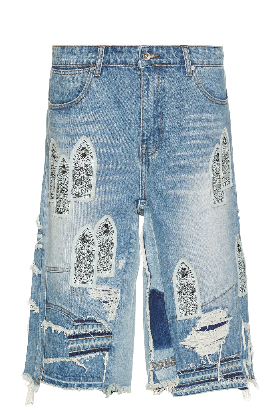 Image 1 of Who Decides War by Ev Bravado Patched Arch Blowout Denim Short in Sky
