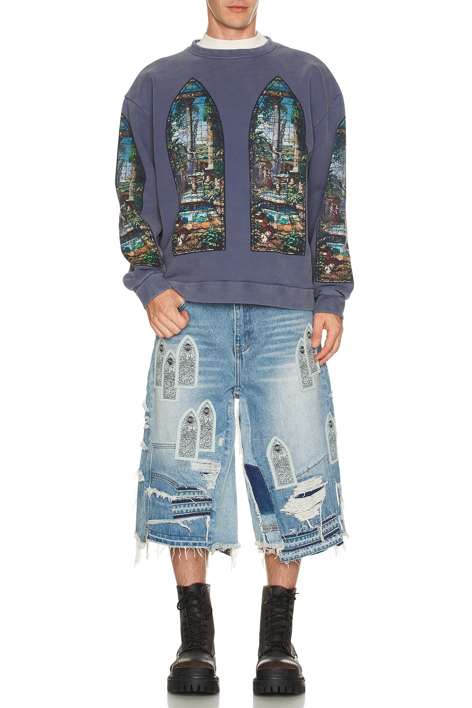 Image 1 of Who Decides War by Ev Bravado Patched Arch Blowout Denim Short in Sky