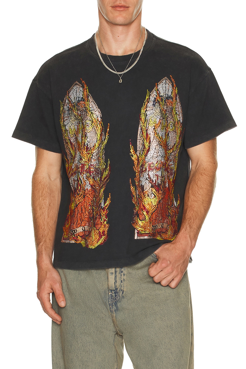 Image 1 of Who Decides War by Ev Bravado Rhinestone Flame Glass Jersey Tee in Coal