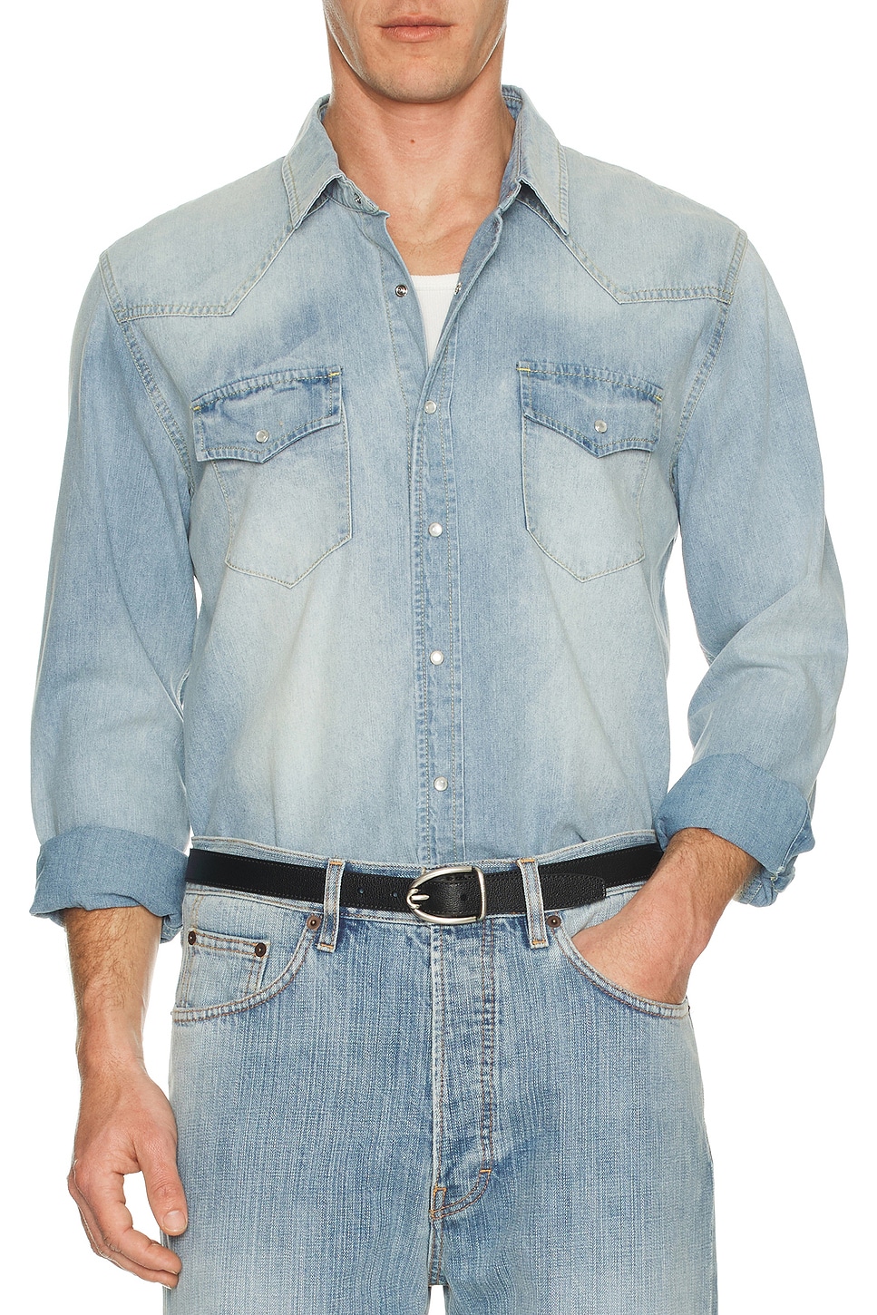 Image 1 of Midnight Rodeo Distressed Denim Shirt in Blue Wash