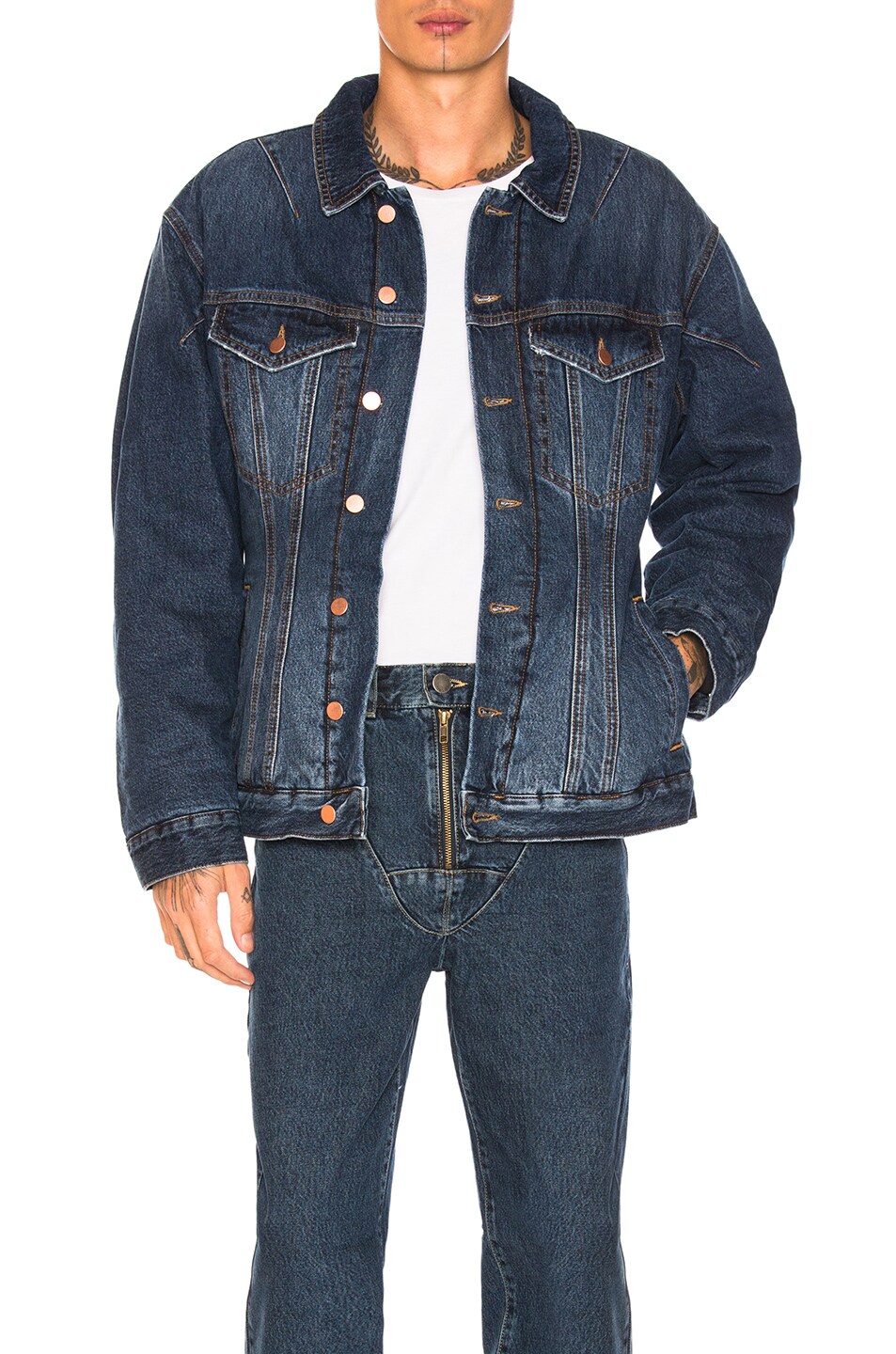 Image 1 of Martine Rose Darted Denim Jacket with Quilted Lining in Indigo Wash