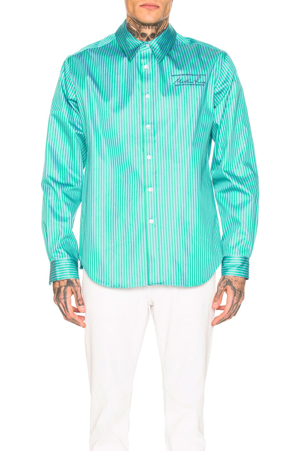 Image 1 of Martine Rose Classic Bonded Shirt in Green & Blue Stripe