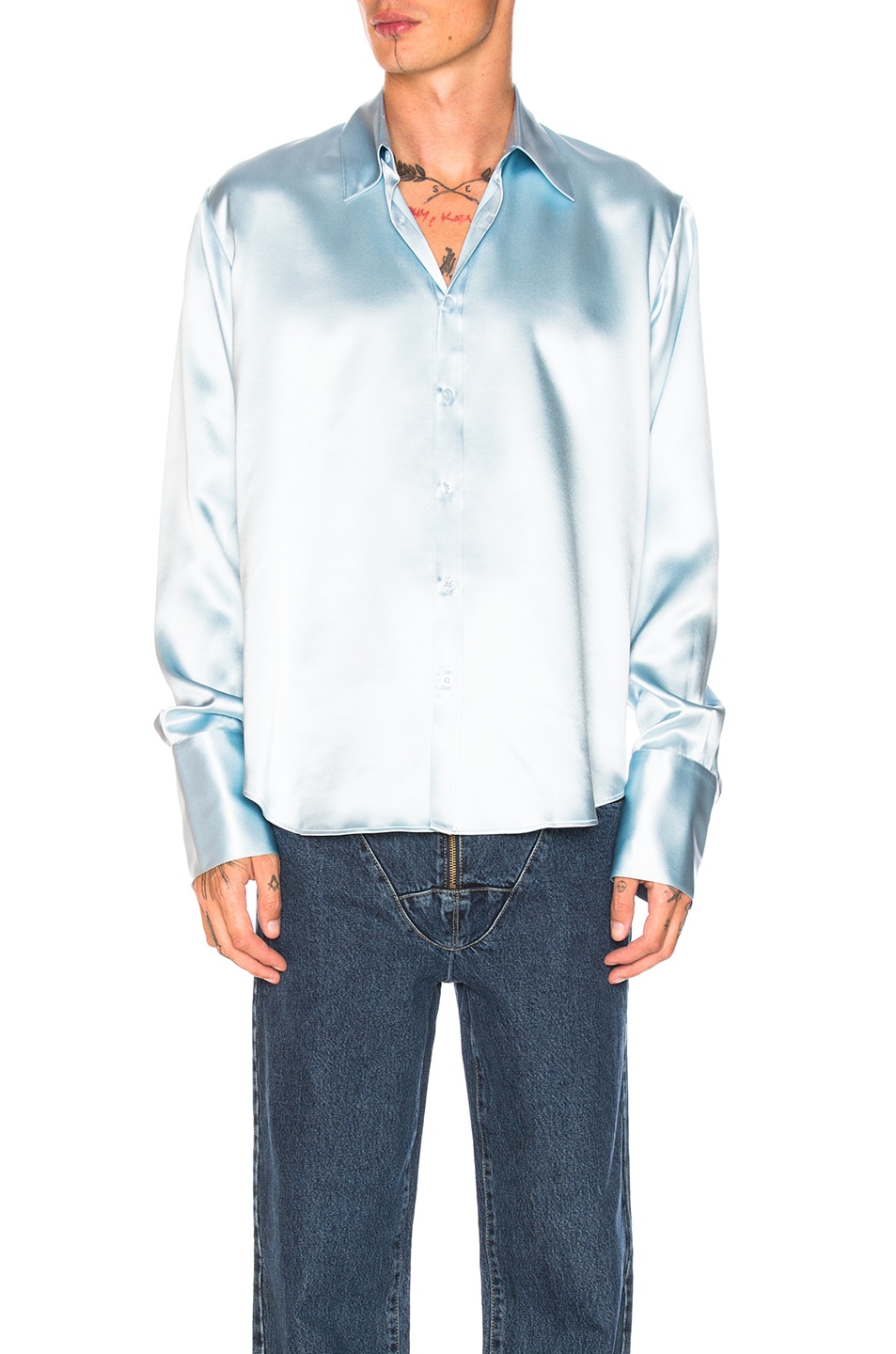 Image 1 of Martine Rose Double Cuff Satin Shirt in Light Blue