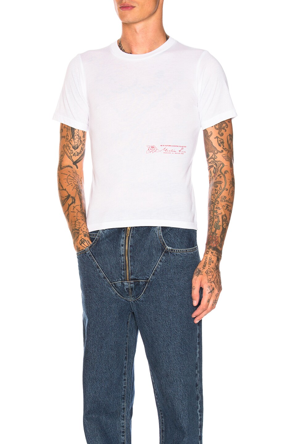 Image 1 of Martine Rose Slim Short Sleeve T-Shirt with Rose Print Detail in White